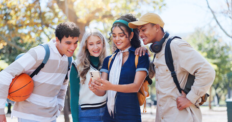 Young students, diversity and reading with phone in nature for discussion, social media or news on campus. Group of people with mobile smartphone for online chatting, texting or research at college