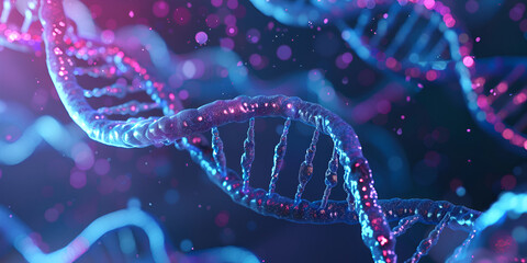 A close up of a DNA strand with a blue and pink hue