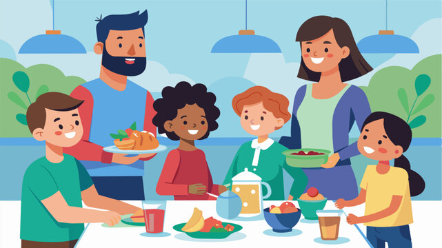 A potluck playdate at a local community center with parents and children bringing their favorite dishes to share and enjoy together.. Vector illustration