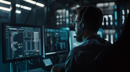 The programmer is at work. Coding. A man wearing headphones is sitting in front of two computer monitors. He is focused on his work and analyzes the data