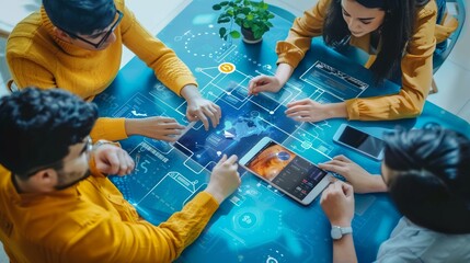 Design a mobile app development scene with developers coding, UI/UX designers crafting interfaces, and testing on multiple devices to ensure a seamless user experience 