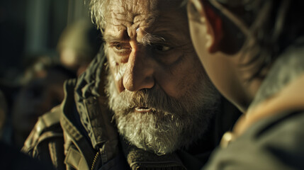 Obraz premium A close-up portrait of an old beggar or a homeless man. An elderly man with a beard is depressed. A depressing lonely old age.