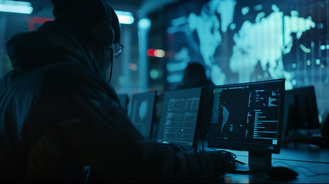 A hacker in a black hoodie and glasses. A cyber attack on the world government. A young man is sitting in front of a computer screen that shows a world map