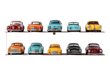 Spectrum of Wheels: Vibrant Cars Perched on a Shelf on White or PNG Transparent Background.