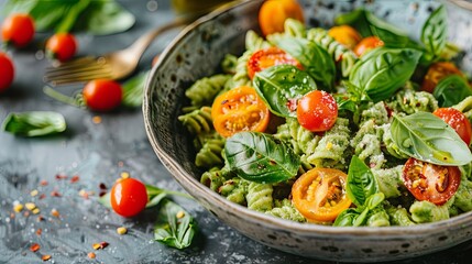 Veggie pasta healthy food. Penne pasta with pesto sauce, zucchini, green peas and basil. Italian food. Top view. background food wallpaper for digital concept