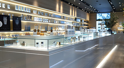 Show acrylic solid surface display counters in a modern retail store, featuring sleek, seamless designs and polished finish. Generative AI.