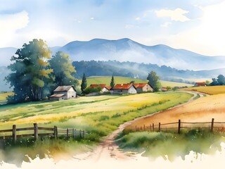 Fototapeta premium Field Countryside Landscape Watercolor Art