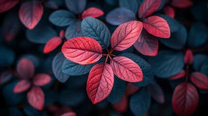 red and blue leaves in the foreground; blue background behind