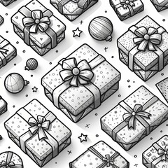 Gift box black and white doodles pattern background