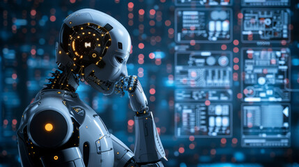 Futuristic robot contemplating amidst advanced tech interfaces