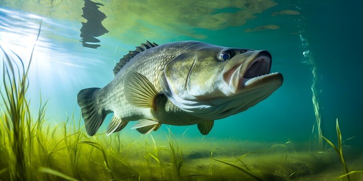 Largemouth Bass Hunting Prey in Natural Habitat: Underwater Image. Concept Underwater Photography, Nature Photography, Aquatic Life, Largemouth Bass, Hunting Prey