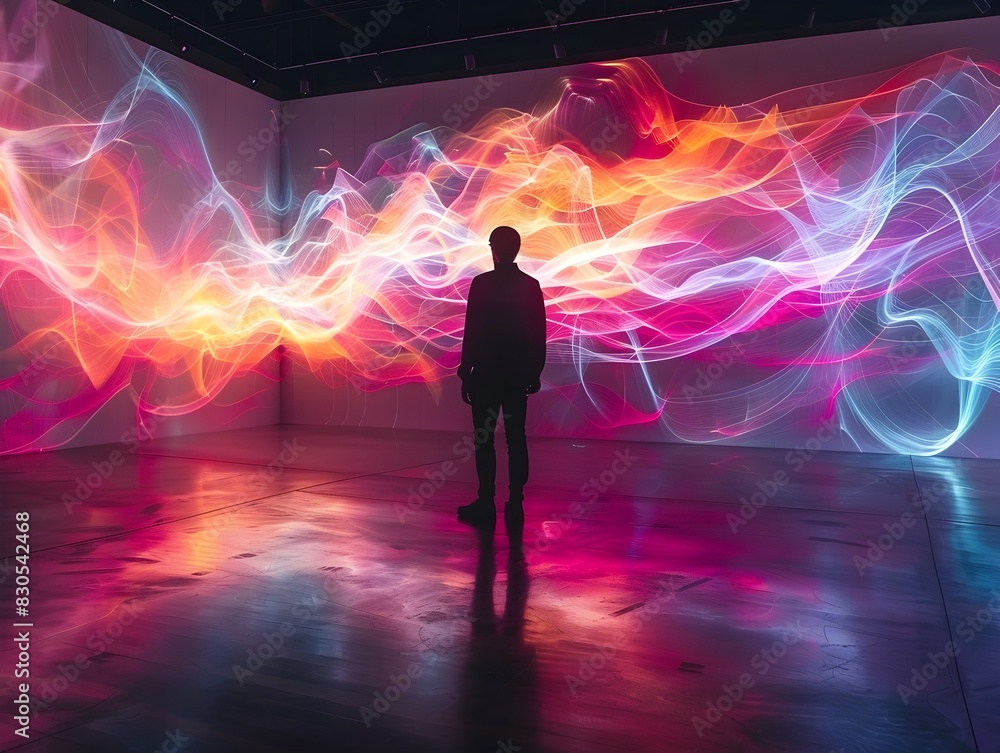 Poster dynamic digital art installation responds to viewer movements in luminous sci fi atmosphere