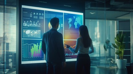 Business Professionals Analyzing Data on Interactive Display in Modern Office, Night Settingю