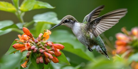 Obraz premium A Hummingbird Sipping Nectar from a Delicate Blossom. Concept Wildlife Photography, Nature, Bird Watching, Botany, Beautiful Moments