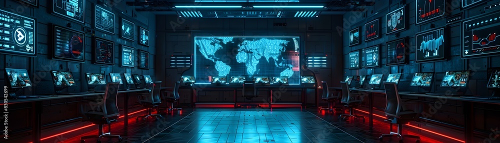 Poster futuristic cybersecurity command center monitoring digital threats in real time