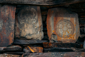 Stone carvings on a mani wall in Tsum Valley, Nepal