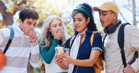 Young students, shock and bad news with phone at park for campus results, fail or feedback. Group of people in disbelief for disapproval on scholarship, alert or notification on mobile smartphone