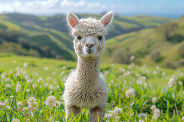 A baby alpaca standing in a green pasture, looking fluffy and curious