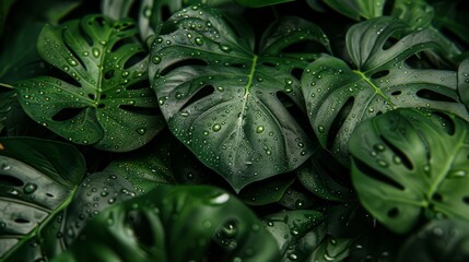  A collection of green leaves dotted with water droplets, along with a green plant adorned with wet, verdant leaves