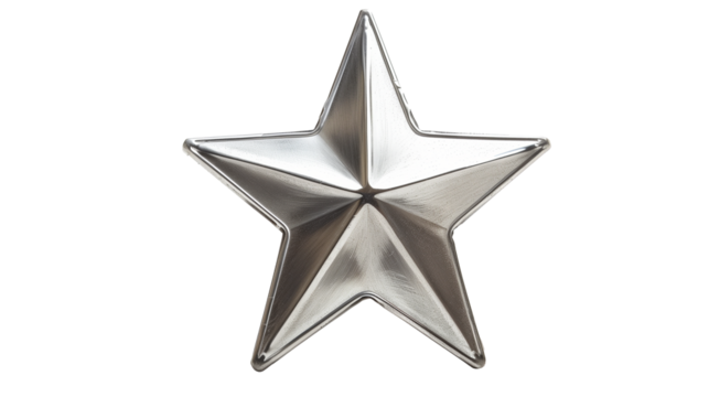 chrome silver metal star isolated on transparent background, star cut out 