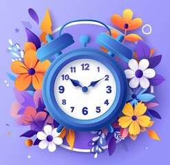 Charming Purple Alarm Clock Embellished with Vivid Floral Decorations on a Soft Violet Background, Time Concept Art