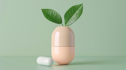 Fresh green leaves of pills and capsules on green background.