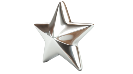 chrome silver metal star isolated on transparent background, star cut out 