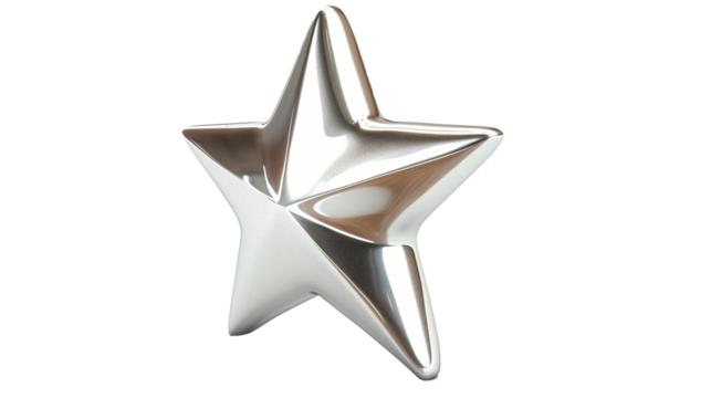 chrome silver metal star isolated on transparent background, star cut out 