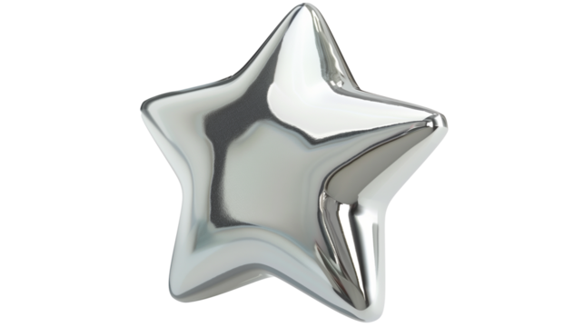 chrome silver metal star isolated on transparent background, star cut out 