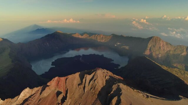 Aerial view of Rinjani volcano summit in a morning sunrise, Lombok island in Indonesia, Asia