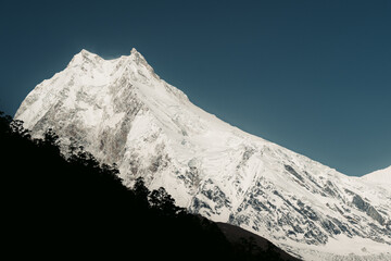 Manaslu Peak with forest on Manaslu Circuit Trek, Nepal