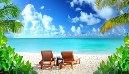 Scenic beach with lounge chairs and palm trees
Wooden beach chairs on white sand with turquoise ocean inviting sun loungers with a backdrop of the clear turquoise ocean and a bright blue sky backgroun
