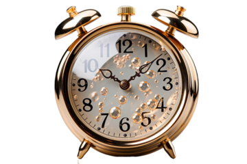 Timeless Elegance: A Golden Alarm Clock on White or PNG Transparent Background.