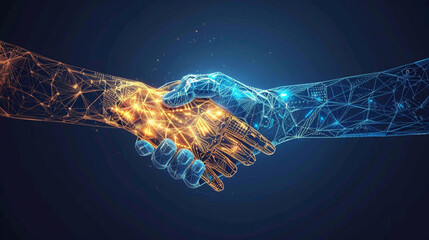 Two wire-frame glowing hands in a handshake captures the essence of technology and business collaboration, technology concept