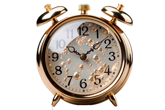 Timeless Elegance: A Golden Alarm Clock on White or PNG Transparent Background.