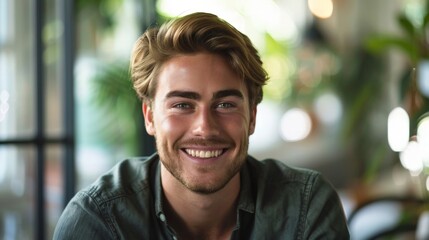 Obraz premium Smiling Young Man with Blond Hair Enjoying Time in a Greenery-Adorned Cafe