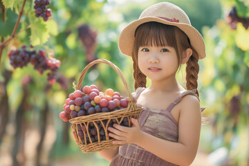 Japanese farm garden daughter carrying a small basket of ripe Grapes 