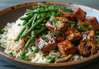 Fototapeta premium Vibrant Plate of Seitan and Vegetables for Healthy Meal Planning Generative AI