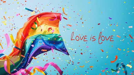 Celebrating LGBTQ+ Pride Month 2024: a large, flowing rainbow flag against a bright sky-blue background with colorful confetti, streamers and 'Love is Love' slogan, symbolizing pride and celebration