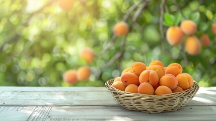 Fresh apricots in a wicker bowl displayed on a white wooden table outdoors
