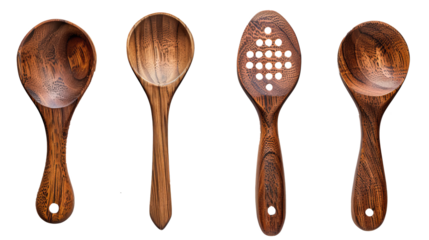 Four wooden spoons of different shapes and sizes, showcasing grain and texture, laid out on a white background