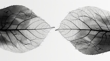  A black-and-white photo features two leaves with their mirrored reflections at the image's center