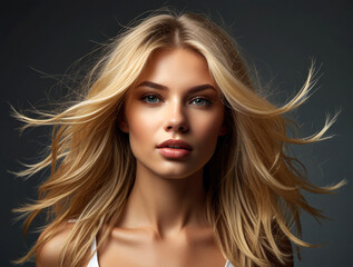 Obraz premium Closeup portrait of a beautiful young female model woman shaking her beautiful blonde hair in motion.
