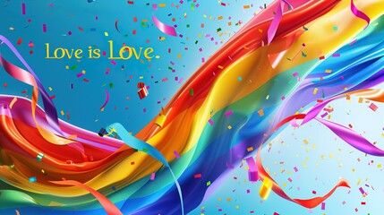Celebrating LGBTQ+ Pride Month 2024: a large, flowing rainbow flag against a bright sky-blue background with colorful confetti, streamers and 'Love is Love' slogan, symbolizing pride and celebration