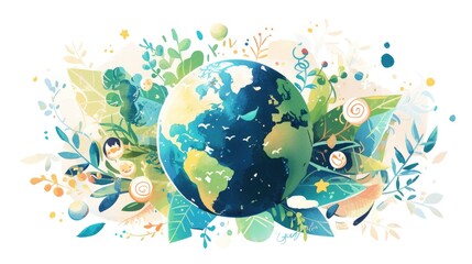 Illustration of a watercolor globe surrounded by various emotive elements symbolizing World Watercolor Emotion showcased against a clean white background in a 2d format to promote awareness 