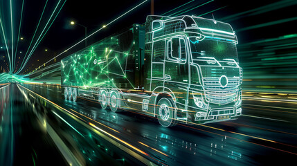 A digital illustration of an AI-powered truck with glowing green data streams, representing advanced logistics technology, futuristic and technology, energy flow effects. Generative AI.