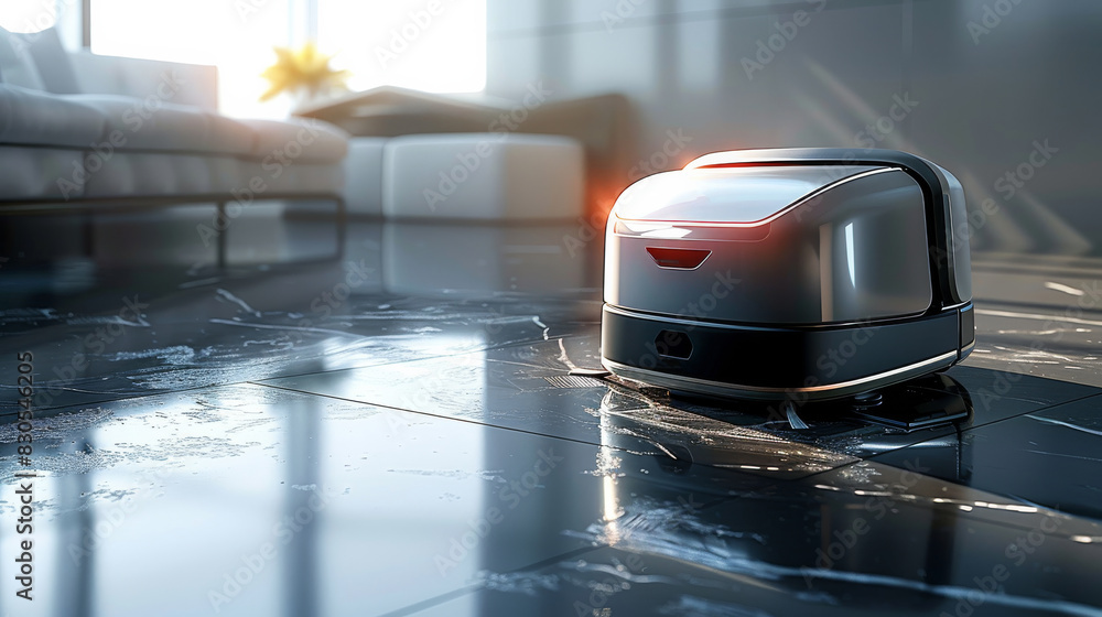 Aufkleber Technological design, a bright metallic-colored covered cleaning robot with minimalist design, body with real high light reflection texture in metallic gray. Generative AI.