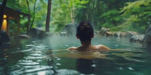 Japanese hot spring onsen, young woman relaxing in natural stone pool with steam rising from the water, surrounded by lush greenery and trees, closeup shot of his back showing relaxation expression