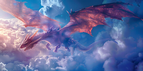 Enormous Winged Dragon Flying Amidst Clouds in a Fantasy Sky, Fantasy Scene of a Colossal Dragon