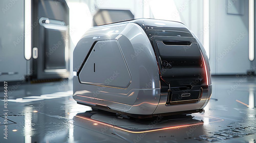 Aufkleber Technological design, a bright metallic-colored covered cleaning robot with minimalist design, body with real high light reflection texture in metallic gray. Generative AI.